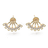 Brass Micro Pave Clear Cubic Zirconia Stud Earring Findings, for Half Drilled Beads, with Loop, Nickel Free, Fan, Real 18K Gold Plated, 10.5x15mm, Hole: 0.7mm, Pin: 0.7mm, Pin: 0.8mm(for half drilled beads)(KK-N232-16-NF)
