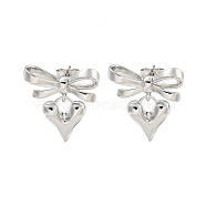 Bowknot & Heart Brass Stud Dangle Earrings for Women, Platinum, 25x21.5mm(EJEW-G387-01P)