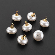 ABS Plastic Imitation Pearl Charms, with Golden Plated Brass Loop and Crystal Rhinestone, Flat Round, Creamy White, 10~11x10mm, Hole: 1.6mm(KK-N242-021)