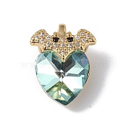 Real 18K Gold Plated Rack Plating Brass Micro Pave Clear Cubic Zirconia Pendants, with Glass, Long-Lasting Plated, Cadmium Free & Lead Free, Bat with Heart Charm, Pale Turquoise, 18x14x9.5mm, Hole: 5x3mm(KK-C015-10G-01)