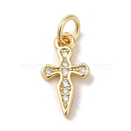 Brass Micro Pave Cubic Zirconia Charms, Real 18K Gold Plated, Cross Charms, Clear, 14x7.5x1.5mm, Hole: 3mm(KK-M283-20A-01)