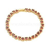 Rack Plating Brass Pave Cubic Zirconia Heart Link Bracelets, Long-Lasting Plated, Lead Free & Cadmium Free, Real 18K Gold Plated, Orange Red, 7-5/8 inch(19.5cm)(BJEW-Q347-05G-04)