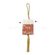 Brocade Sachet Bag, Drawstring Floral Embroidered Bag, Rectangle with Tassel, Coral, 42cm, Bag: 12.5x8.8x0.2cm, Bead: 0.8~0.9cm, Tassel: 12.5x1cm(ABAG-H108-03G)