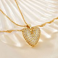 Elegant Romantic Heart Brass Micro Pave Clear Cubic Zirconia Pendant Necklace for Women, with Cable Chain, Golden, 15.75 inch(40cm)(XT9950-1)