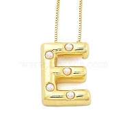 Brass & Plastic Pearl Letter Pendant Box Chain Necklaces for Women, Real 18K Gold Plated, Letter E, 17.64 inch(44.8cm)(NJEW-U017-01G-05)