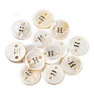 Freshwater Shell Buttons, Flat Round , Letter H, 12x2mm, Hole: 1.6mm(BUTT-Z001-01H)