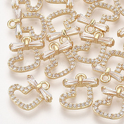 Brass Cubic Zirconia Charms, Christmas Sock, Clear, Real 18K Gold Plated, 11x10x3mm, Hole: 1mm(X-KK-S348-437)