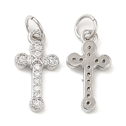 Brass with Cubic Zirconia Pendants, Long-Lasting Plated, Lead Free & Cadmium Free, Cross, Platinum, 16x8x2.5mm(KK-K332-25P)