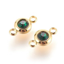 304 Stainless Steel Rhinestone Links connectors, Flat Round, Golden, Emerald, 12x6.5x4mm, Hole: 2mm(STAS-P237-17G-05)