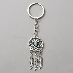 Woven Net/Web with Feather Alloy & Resin Pendant Keychain, with Alloy Findings, Antique Silver, 12.5cm(KEYC-WH0029-71AS)