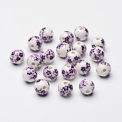 Handmade Printed Porcelain Beads, Round, Purple, about 12mm in diameter, hole: 3mm(X-CF187Y)