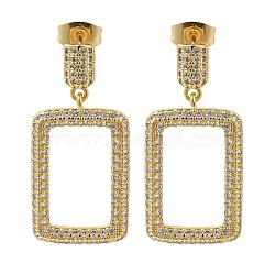 Brass Pave Clear Cubic Zirconia Stud Earrings, Hollow Rectangle, Real 16K Gold Plated, 30x15mm(EJEW-M088-07G)