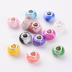 Opaque Resin European Beads, Large Hole Beads, Imitation Gemstone Style, with Silver Tone Brass Double Cores, Rondelle, Mixed Color, 14x9.5mm, Hole: 5mm(X-RPDL-T003-005)