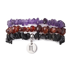 3Pcs 3 Styles Natural Amethyst & Garnet & Obsidian Chips Stretch Bracelets Sets, Stackbale Bracelets with 304 Stainless Steel Charms, Scorpio, Inner Diameter: 2-1/8 inch(5.5cm), 1Pc/style(BJEW-JB11076-10)