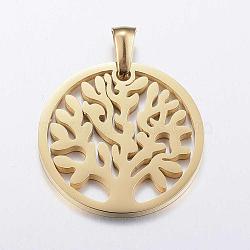 304 Stainless Steel Pendants, Flat Round with Tree of Life, Golden, 25x2mm, Hole: 3.5x5.5mm(STAS-K147-03G)