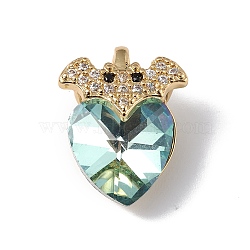 Real 18K Gold Plated Rack Plating Brass Micro Pave Clear Cubic Zirconia Pendants, with Glass, Long-Lasting Plated, Cadmium Free & Lead Free, Bat with Heart Charm, Pale Turquoise, 18x14x9.5mm, Hole: 5x3mm(KK-C015-10G-01)