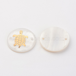 Freshwater Shell Links connectors, Flat Round with Gold Blocking Tortoise, Golden, 20x3~4mm, Hole: 1.5mm(X-SHEL-S247-05)