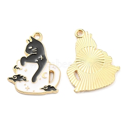 Alloy Enamel Pendants, Golden, Teacup with Cat Charm, White, 25.5x20x1.5mm, Hole: 1.8mm(ENAM-D051-11G)