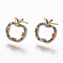 Brass Micro Pave Cubic Zirconia Studs Earrings, Apple, Colorful, 13x12x3mm, Pin: 0.7mm(EJEW-K078-16)
