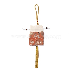 Brocade Sachet Bag, Drawstring Floral Embroidered Bag, Rectangle with Tassel, Coral, 42cm, Bag: 12.5x8.8x0.2cm, Bead: 0.8~0.9cm, Tassel: 12.5x1cm(ABAG-H108-03G)