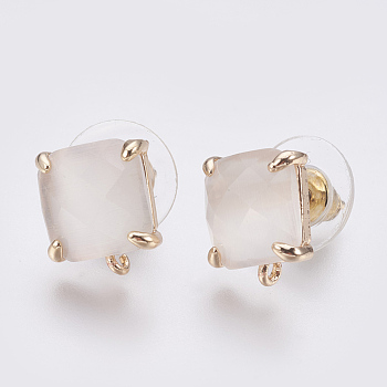 Faceted Glass Stud Earring Findings, with Loop, Light Gold Plated Brass Findings, Square, White, 11x10x5mm, Hole: 1mm, Pin: 0.8mm
