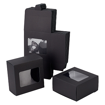 Foldable Creative Kraft Paper Box, Wedding Favor Boxes, Favour Box, Paper Gift Box, with Plastic Clear Window, Rectangle, Black, 10x10x5cm