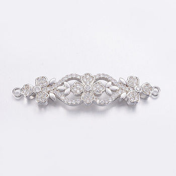 Brass Micro Pave Cubic Zirconia Links, Clear, Long-Lasting Plated, Real Platinum Plated, Flower, 10x42x4mm, Hole: 1mm
