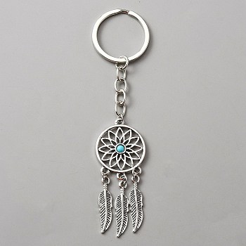 Woven Net/Web with Feather Alloy & Resin Pendant Keychain, with Alloy Findings, Antique Silver, 12.5cm