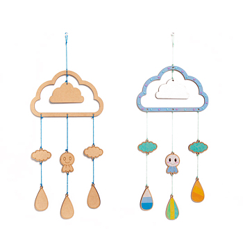 DIY Cloud Wind Chime Making Kit, Including 1Pc Wood Plates, 1 Card Cotton Thread and 1Pc Plastic Knitting Needles, for Children Painting Craft, Mixed Color, Thread & Needle: Random Color