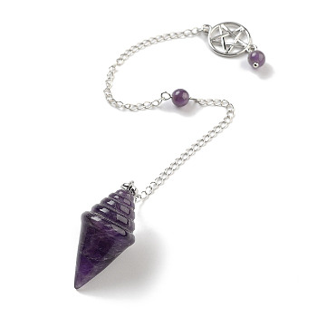 Natural Amethyst Pointed Dowsing Pendulums, with Rack Plating Brass Findings, Cone, 245mm