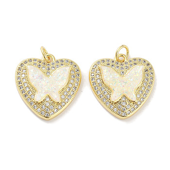Brass Micro Pave Clear Cubic Zirconia Pendants, with Synthetic Opal and Jump Rings, Real 18K Gold Plated, Heart with Butterfly Charms, White, 18.5x18x4.5mm, Hole: 3mm