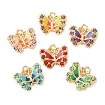 Rack Plating Alloy Enamel Pendants, with Rhinestone, Golden, Butterfly Charm, Mixed Color, 17x19.5x3mm, Hole: 2.2mm
