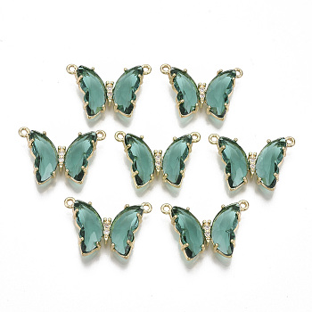 Eco-Friendly Alloy Links connectors, with Glass and Clear Cubic Zirconia, Butterfly, Nickel Free, Light Gold, Medium Aquamarine, 16x24x6mm, Hole: 1.2mm