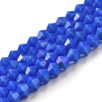 Opaque Solid Color Imitation Jade Glass Beads Strands, AB Color Plated, Faceted, Bicone, Medium Blue, 4x4mm, Hole: 0.8mm, about 87~98pcs/strand, 12.76~14.61 inch(32.4~37.1cm)