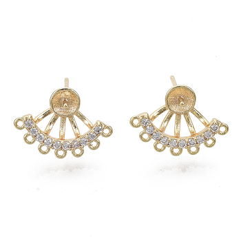 Brass Micro Pave Clear Cubic Zirconia Stud Earring Findings, for Half Drilled Beads, with Loop, Nickel Free, Fan, Real 18K Gold Plated, 10.5x15mm, Hole: 0.7mm, Pin: 0.7mm, Pin: 0.8mm(for half drilled beads)