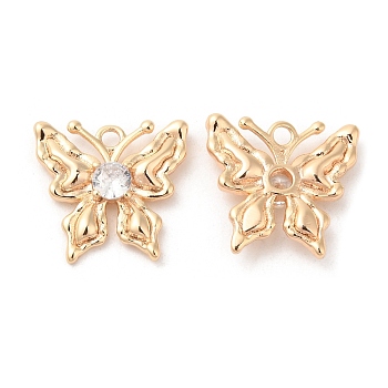 Brass with Glass Charms, Butterfly Charm, Real 18K Gold Plated, 13x14x3mm, Hole: 1.4mm