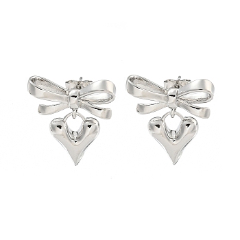Bowknot & Heart Brass Stud Dangle Earrings for Women, Platinum, 25x21.5mm