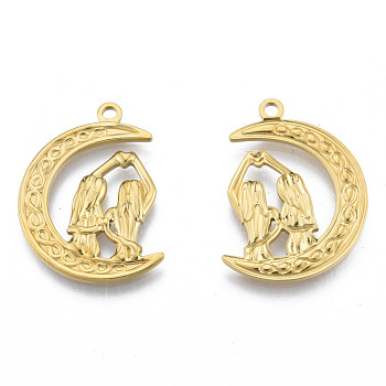 Ion Plating(IP) 201 Stainless Steel Pendants, Moon with Woman, Real 18K Gold Plated, 31x22x2mm, Hole: 2mm