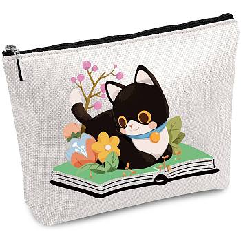 Polycotton Custom Canvas Storage Bags, Metal Zipper Pouches, Rectangle with Pattern, Cat Shape, 18x25cm