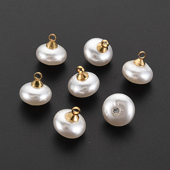 ABS Plastic Imitation Pearl Charms, with Golden Plated Brass Loop and Crystal Rhinestone, Flat Round, Creamy White, 10~11x10mm, Hole: 1.6mm
