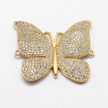Long-Lasting Plated Brass Micro Pave Cubic Zirconia Links, Butterfly, Real 18K Gold Plated, 30x32.5x3mm, Hole: 1mm
