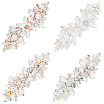 4Pcs 4 Style Flower Crystal Rhinestone Pearl Hair Barrettes, with Alloy Clips, for Woman Girls, Mixed Color, 30.5~34x84~85x19~24mm, 1pc/style