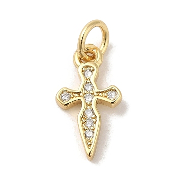Brass Micro Pave Cubic Zirconia Charms, Real 18K Gold Plated, Cross Charms, Clear, 14x7.5x1.5mm, Hole: 3mm