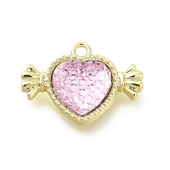 Transparent Pink Resin Rhinestone Charms, Heart Charms, with Alloy Findings, Light Gold, 15x21x4.5mm, Hole: 1.6mm