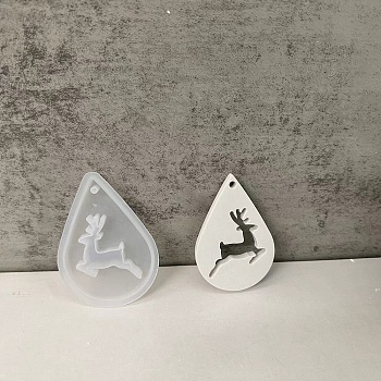 DIY Silicone Pendant Molds, Resin Casting Molds, for UV Resin, Epoxy Resin Jewelry Making, Teardrop, For Christmas, White, Deer, 82.5x59x8mm, Hole: 2mm