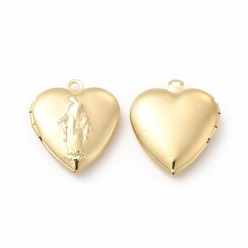 Brass Locket Pendants, Photo Frame Charms for Necklaces, Long-Lasting Plated, Heart with Saint Charm, Real 18K Gold Plated, 22.5x19.5x5.5mm, Hole: 1.8mm