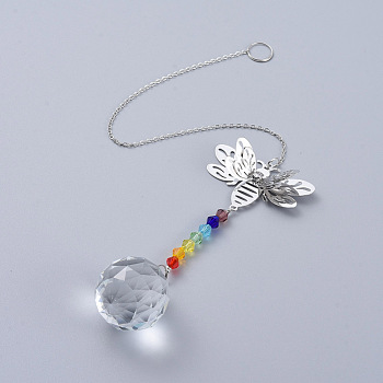 Chandelier Suncatchers Prisms, Chakra Crystal Balls Hanging Pendant, with Bee Iron Links and Cable Chain, Faceted, Colorful, 335x2mm