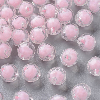 Transparent Acrylic Beads, Bead in Bead, Faceted, Round, Pink, 9.5x9.5mm, Hole: 2mm, about 1041pcs/500g