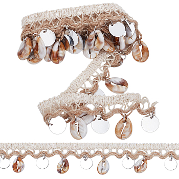 3 Yards Ethnic Style Cotton Fringe Lace Ribbon, Lace Trimming with Metal & Shell Tassel, Floral White, 1-5/8 inch(40mm), about 3.00 Yards(2.74m)/Skein