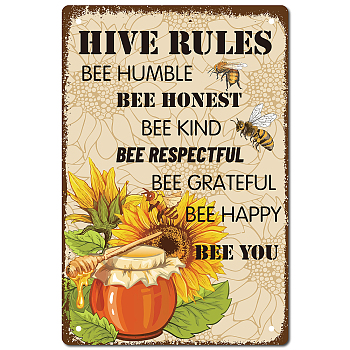 Tinplate Sign Poster, Vertical, for Home Wall Decoration, Rectangle with Word Hive Rules, Sunflower Pattern, 300x200x2.2mm